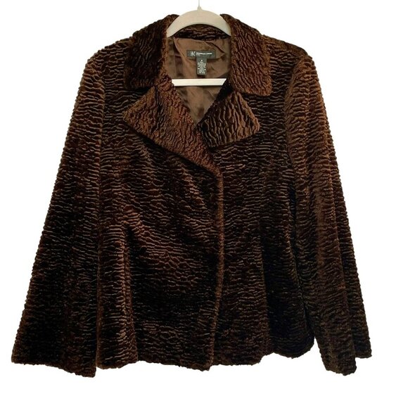 INC Faux Fur Curly Lamb Jacket Chocolate Brown Women's Medium Mob Wife Vegan - Picture 1 of 13